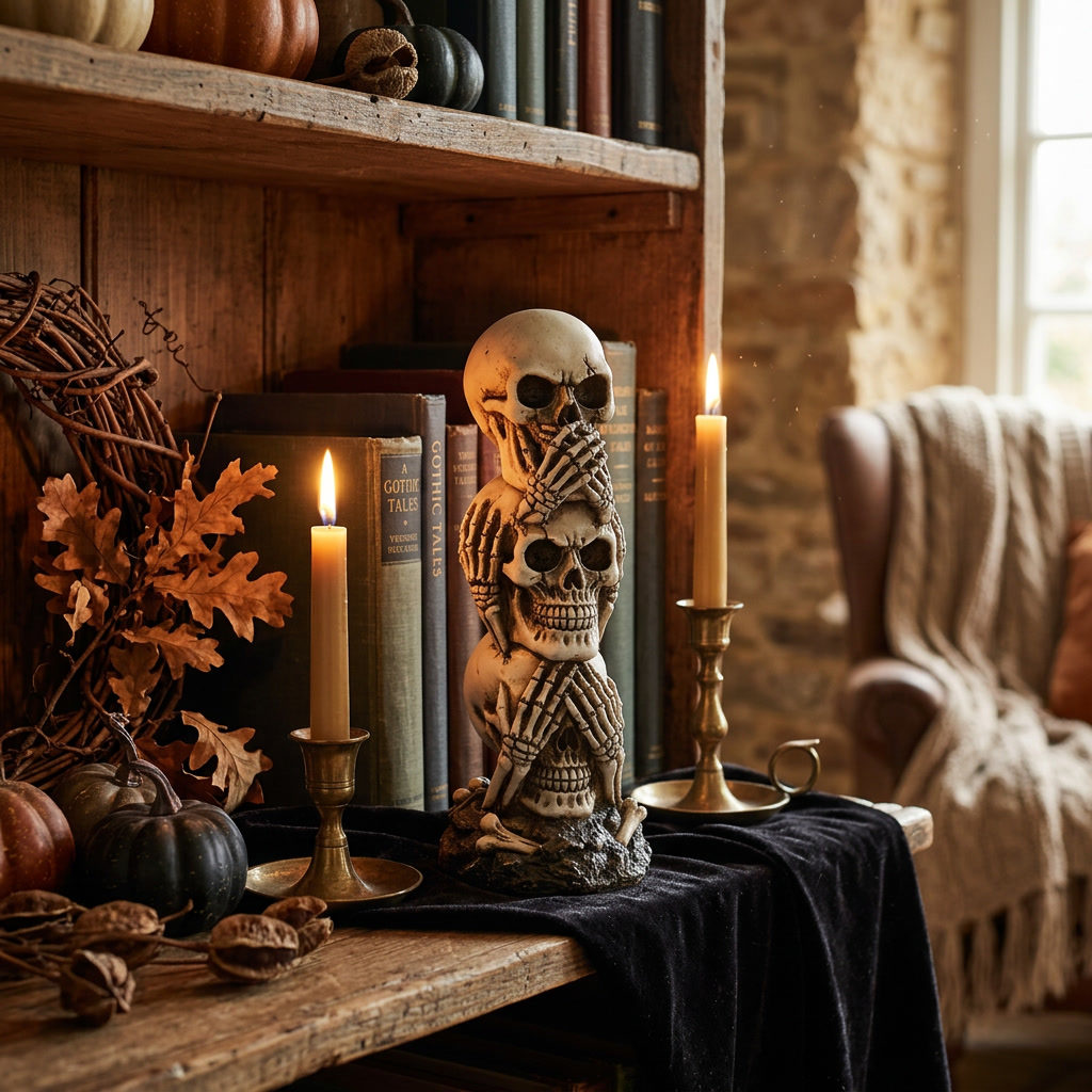 Hand-painted resin skull displayed on a bookshelf indoors