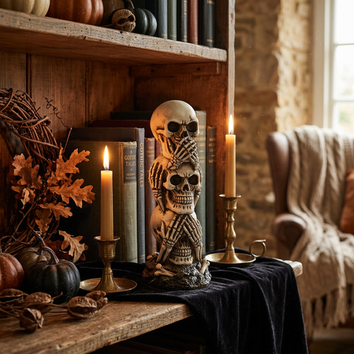 Hand-painted resin skull displayed on a bookshelf indoors