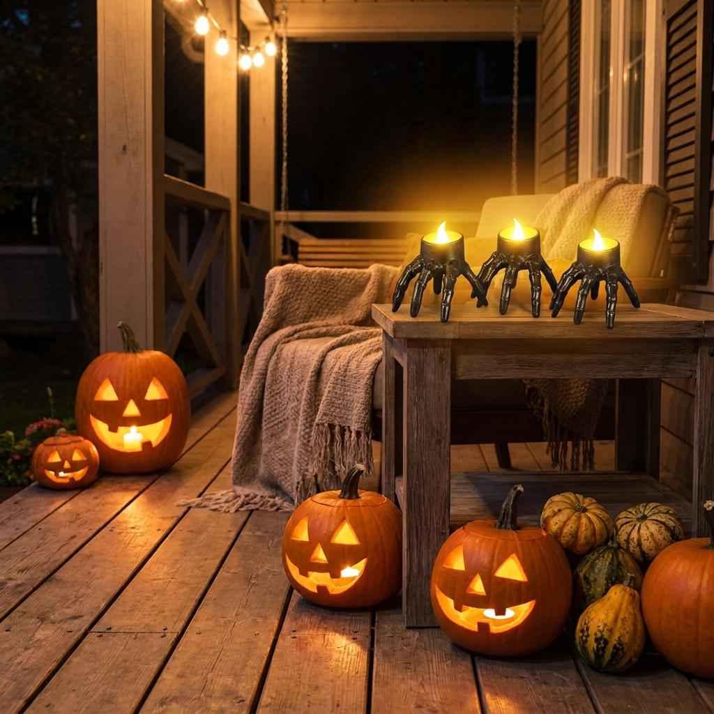 Skull LED lantern set glowing on a porch table at night