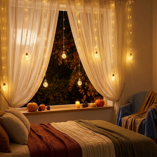 Globe curtain string lights hanging across a bedroom window at night