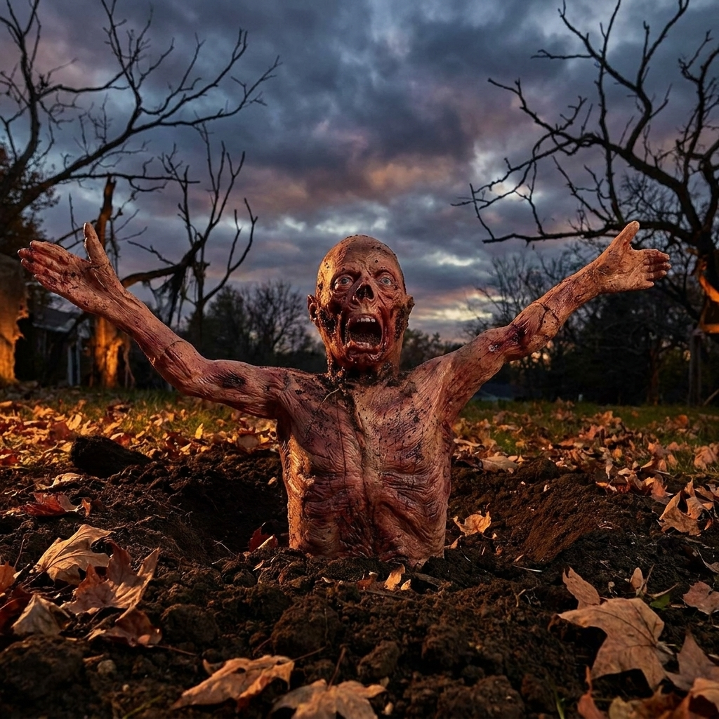 Half-body corpse prop displayed emerging from soil in a yard