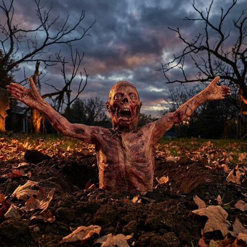 Half-body corpse prop displayed emerging from soil in a yard