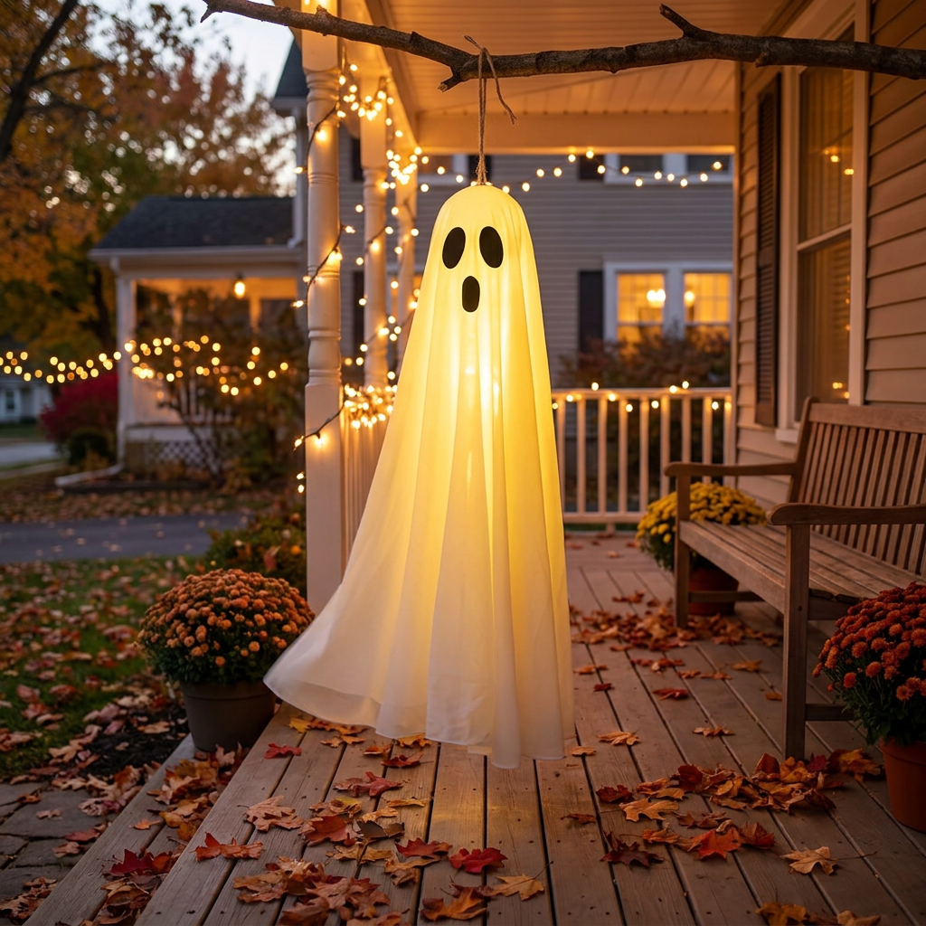 Hanging ghost decorations displayed on a porch at dusk