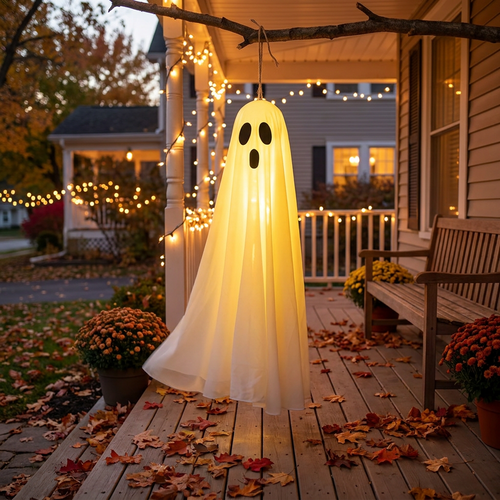 Hanging ghost decorations displayed on a porch at dusk