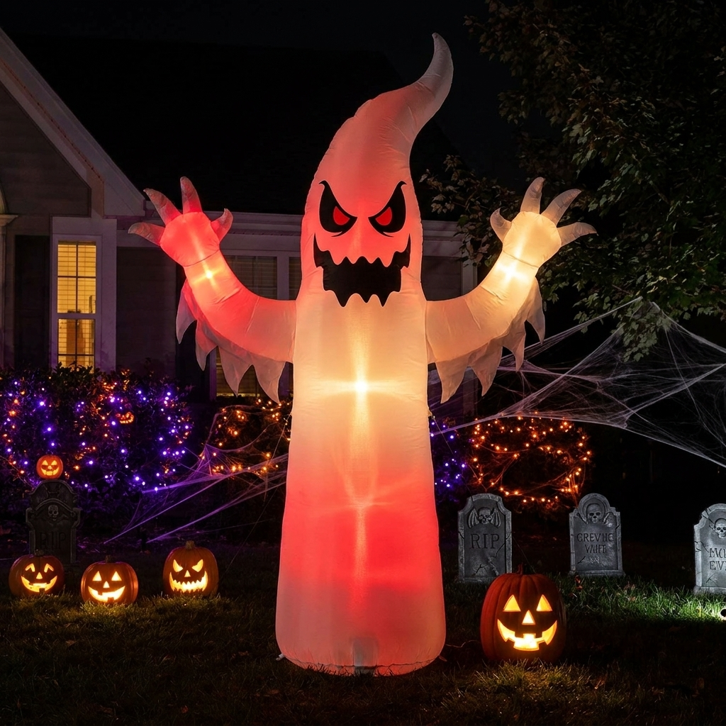 Illuminated inflatable ghost decoration in a front yard at night