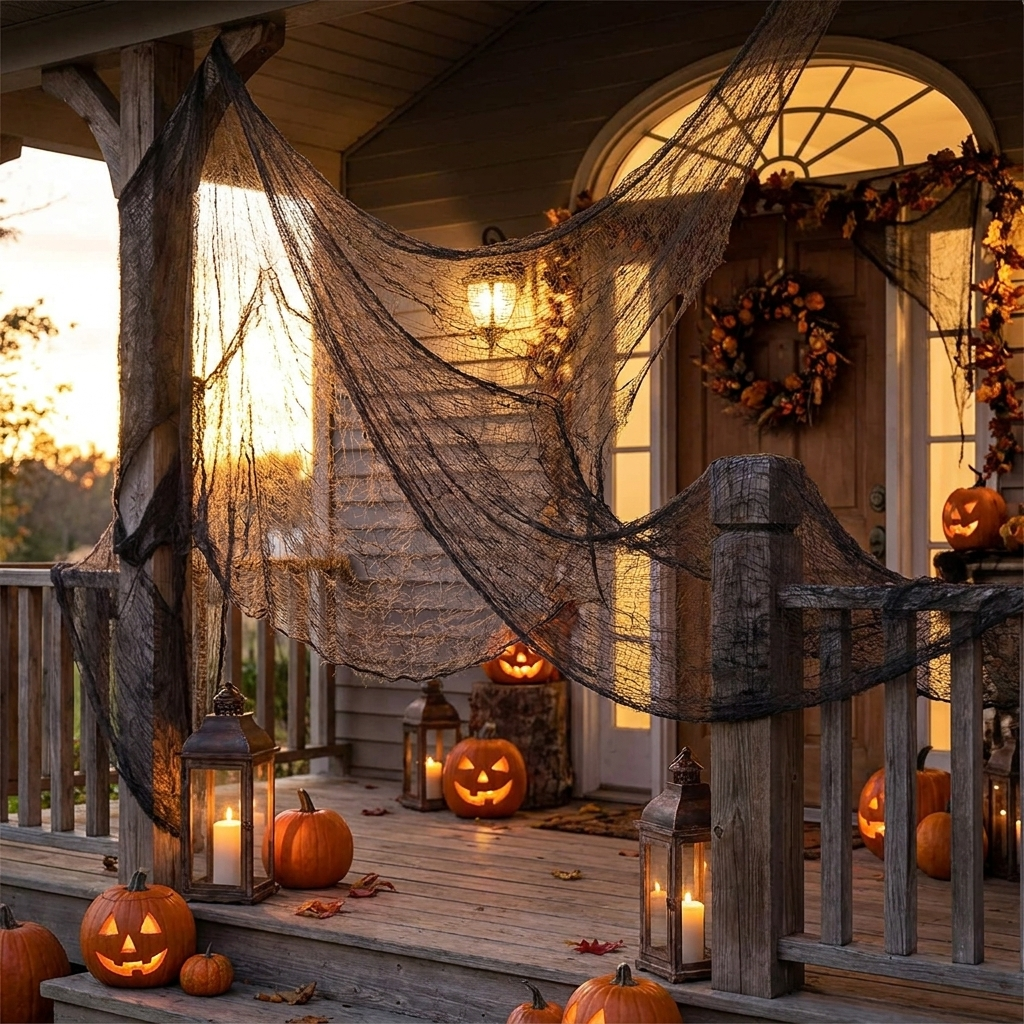 Decorative netting draped across a porch railing and doorway