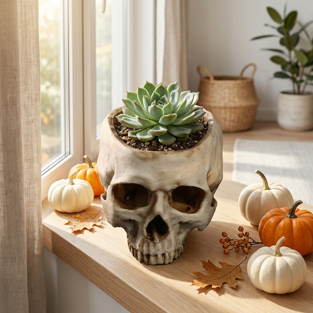 Resin skull planter with succulent on a sunlit windowsill
