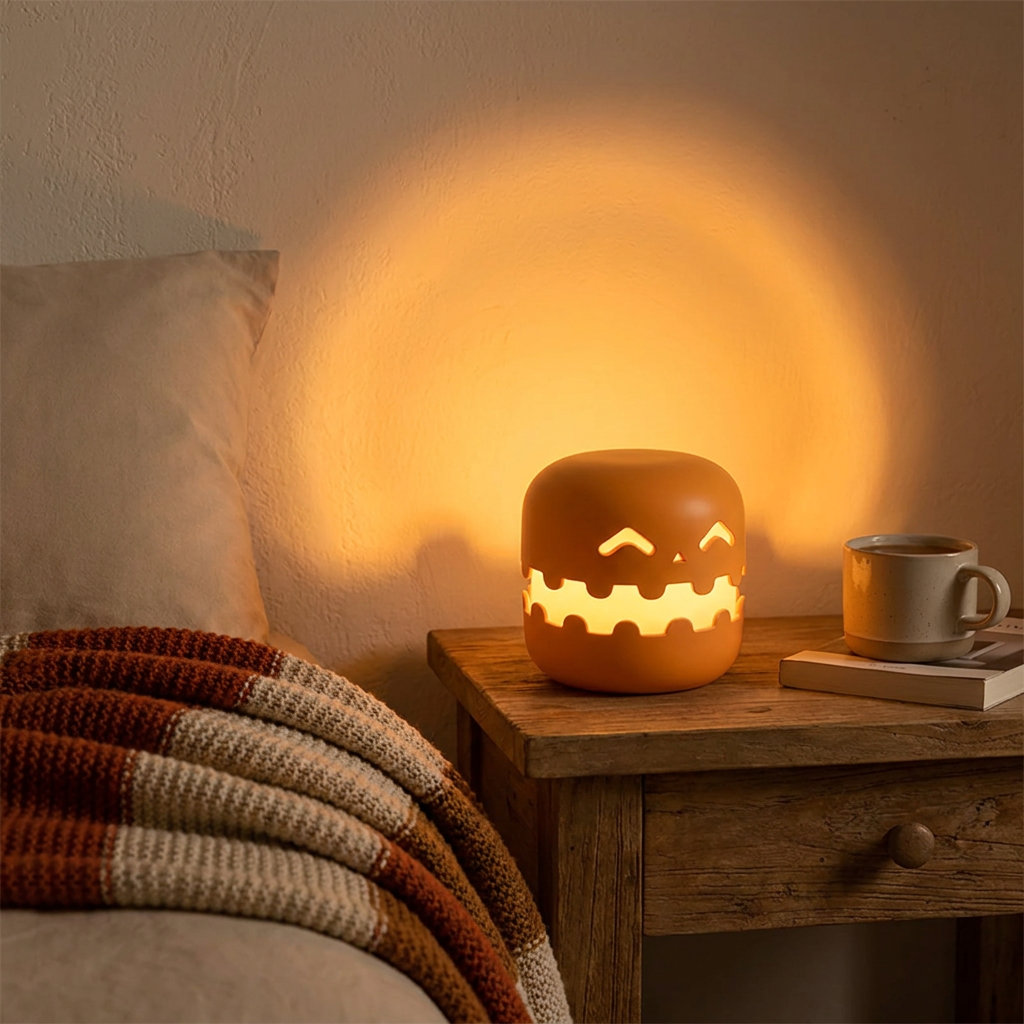 Rechargeable pumpkin lamp glowing on a nightstand